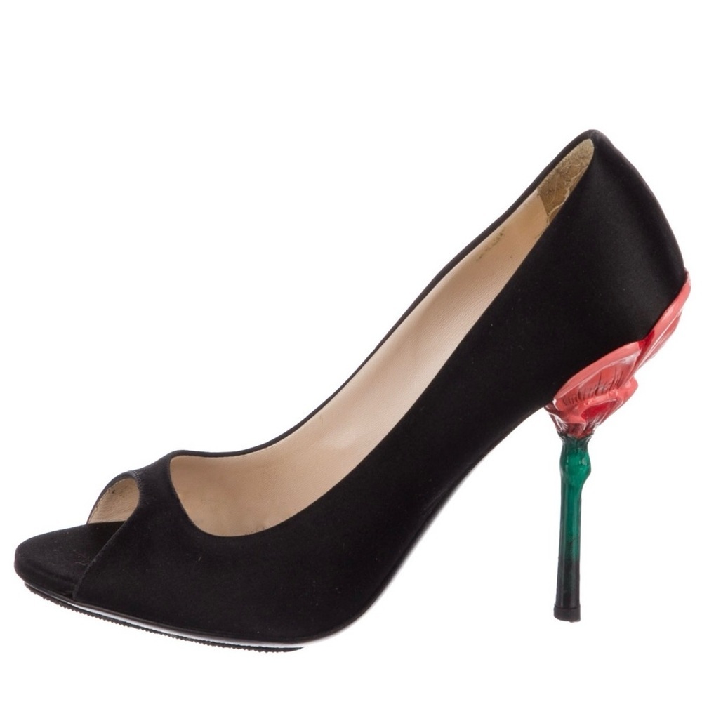 Prada Rose Floral Heel Satin Peep Toe Pumps